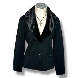 Jones New York Black SP Faux Fur Collar Long Sleeve Knit Sweater Cardigan Jacket